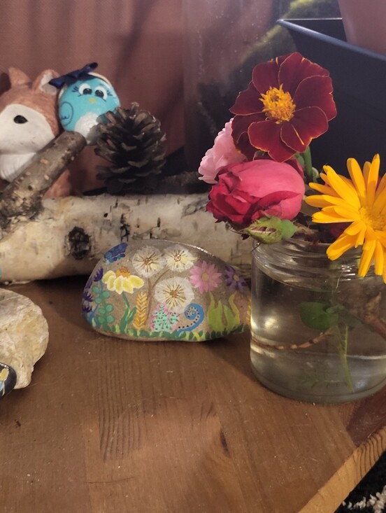 Handmade Other - Hand-Painted Floral Garden Rock - Multicolor Decorative Accent